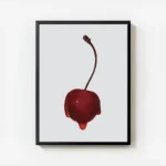 affiche avec une cerise rouge vif recouverte de sirop brillant sur fond gris cla avec cadre.webp