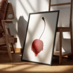 affiche avec une cerise rouge vif recouverte de sirop brillant sur fond gris cla encadre.webp