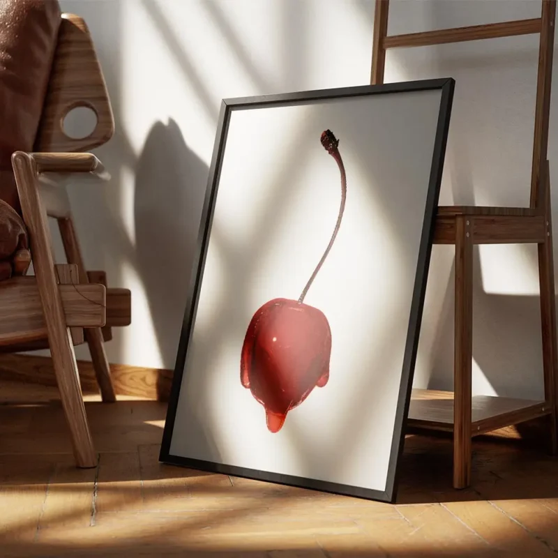 affiche avec une cerise rouge vif recouverte de sirop brillant sur fond gris cla encadre.webp