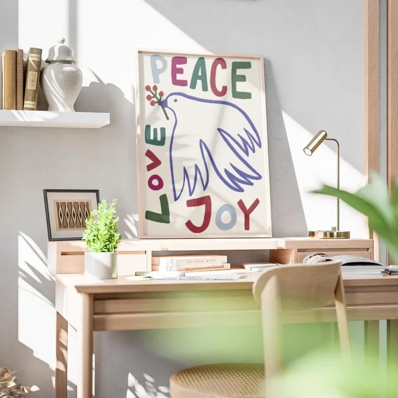 affiche avec une colombe au contour bleu tenant une branche ornee de baies rouge bureau.webp