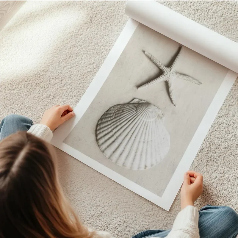 affiche avec une etoile de mer et un coquillage blanc sur du sable pale en rouleau.webp