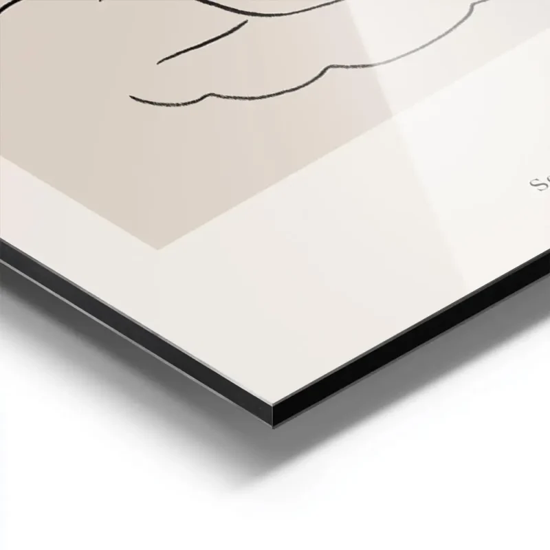 affiche avec une femme allongee dans un coquillage en line art noir sur fond bei aluminium.webp