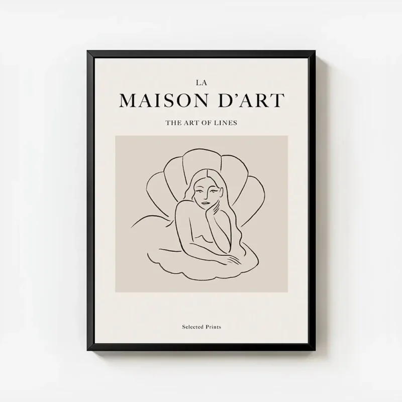 affiche avec une femme allongee dans un coquillage en line art noir sur fond bei avec cadre.webp