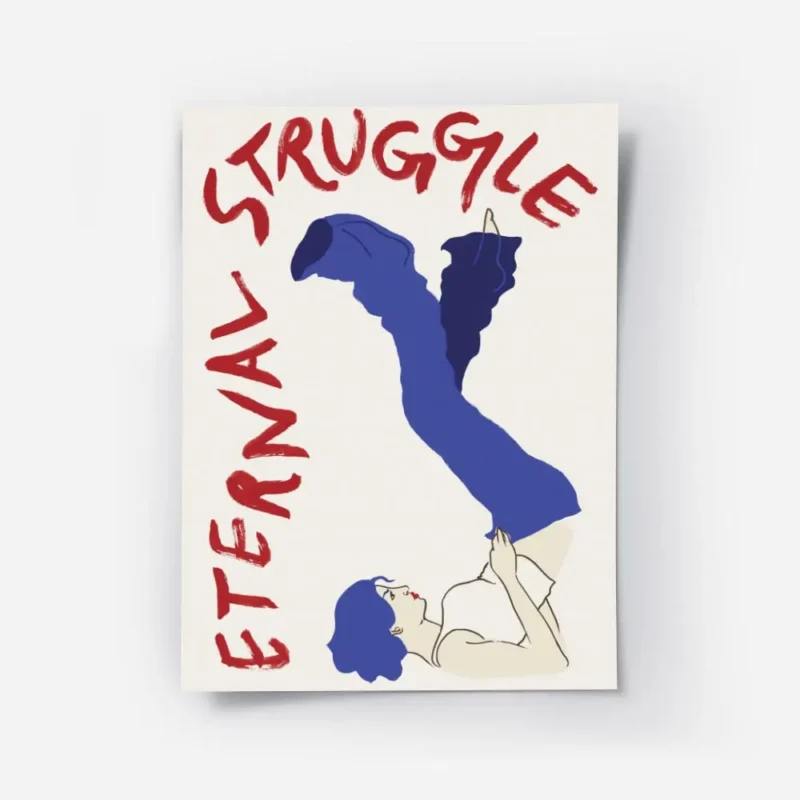 affiche avec une femme aux cheveux bleus et aux levres rouges jambes levees et l.webp