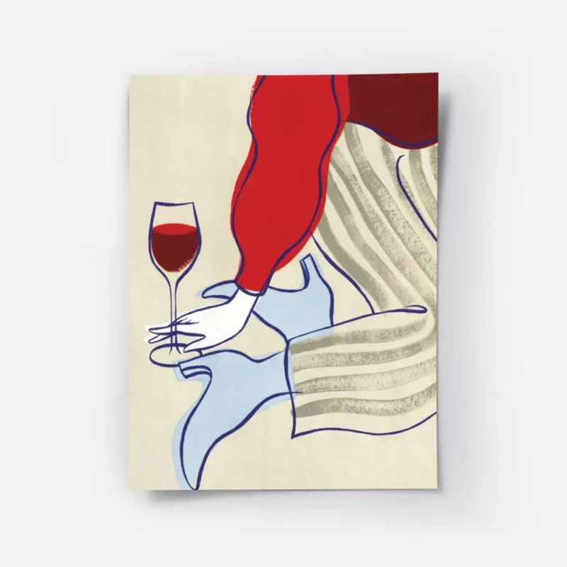 affiche avec une femme buvant du vin en robe rouge et lingerie bleue avec des ra.webp