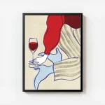 affiche avec une femme buvant du vin en robe rouge et lingerie bleue avec des ra avec cadre.webp