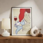 affiche avec une femme buvant du vin en robe rouge et lingerie bleue avec des ra meuble.webp