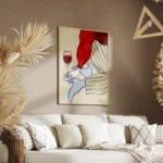 affiche avec une femme buvant du vin en robe rouge et lingerie bleue avec des ra salon.webp