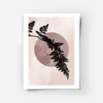 affiche avec une feuille de fougere noire devant un cercle rose fonce sur fond r.webp