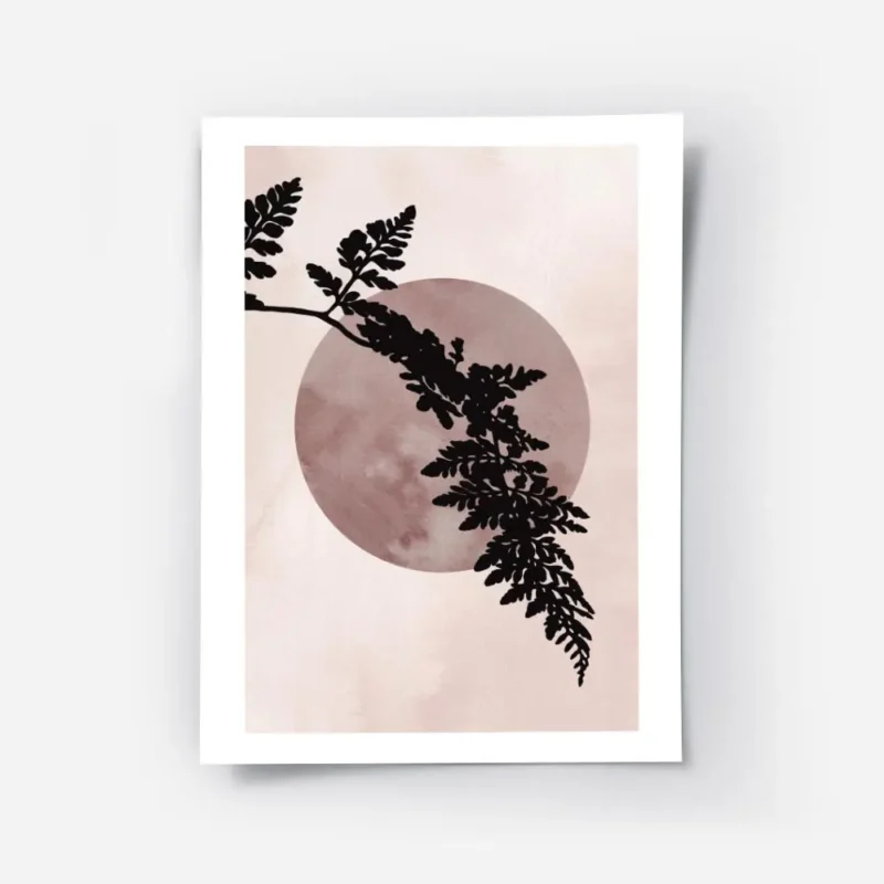 affiche avec une feuille de fougere noire devant un cercle rose fonce sur fond r.webp