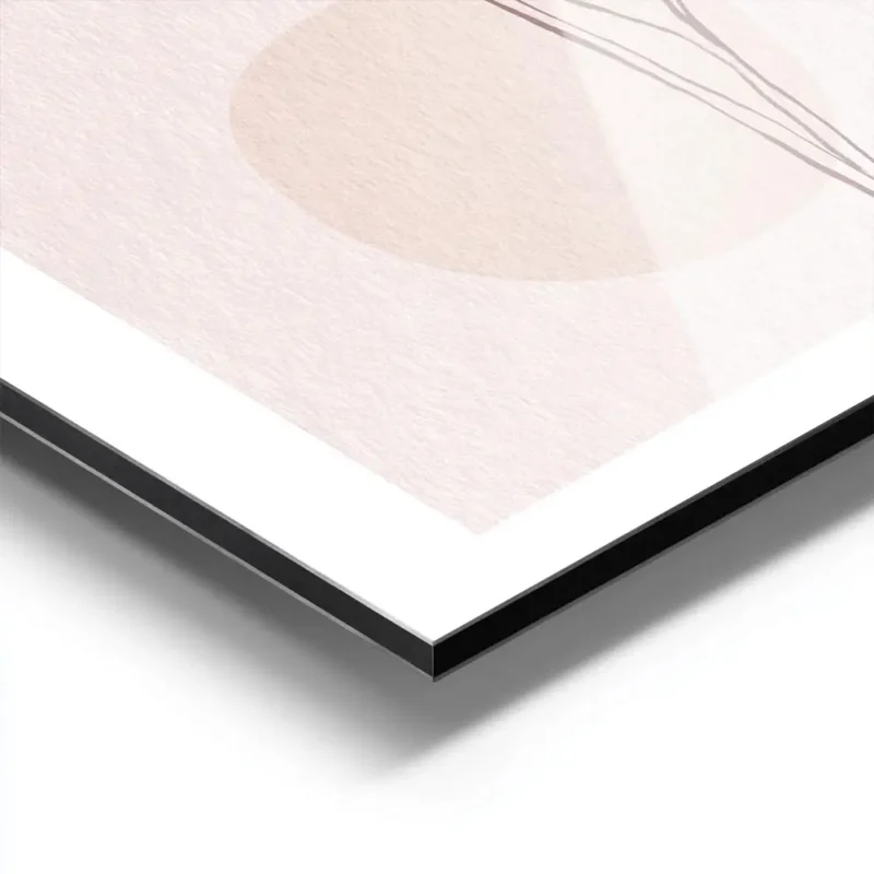 affiche avec une feuille rose en line art sur fond rose texture avec deux cercle aluminium.webp