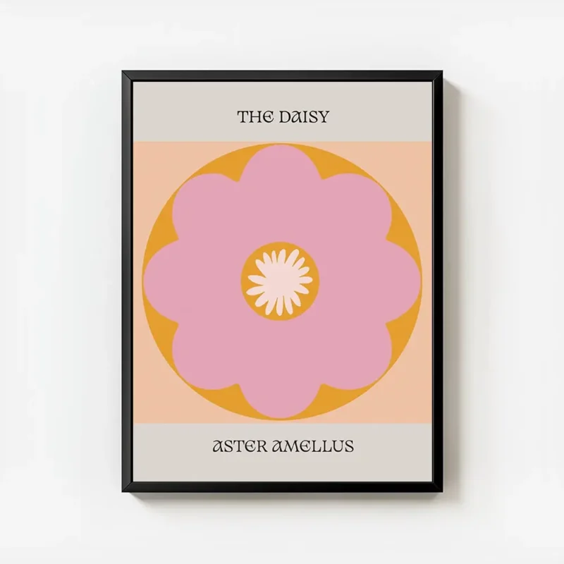 affiche avec une fleur marguerite rose et orange a la typographie the daisy et a avec cadre.webp
