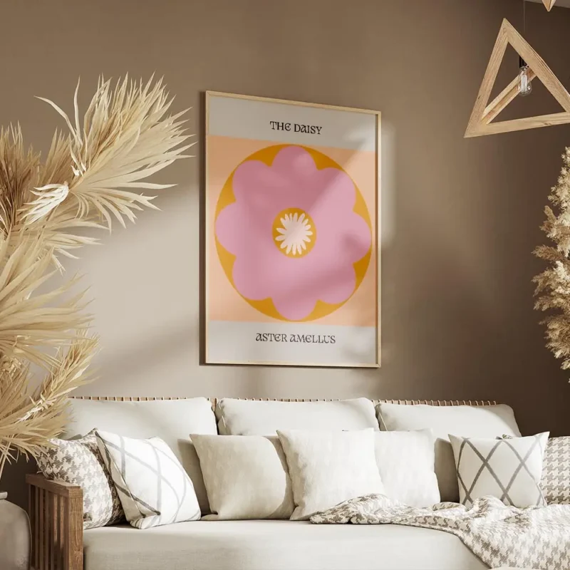 affiche avec une fleur marguerite rose et orange a la typographie the daisy et a salon.webp