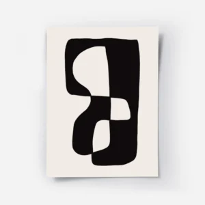 affiche avec une forme abstraite noire et blanche sur fond beige.webp