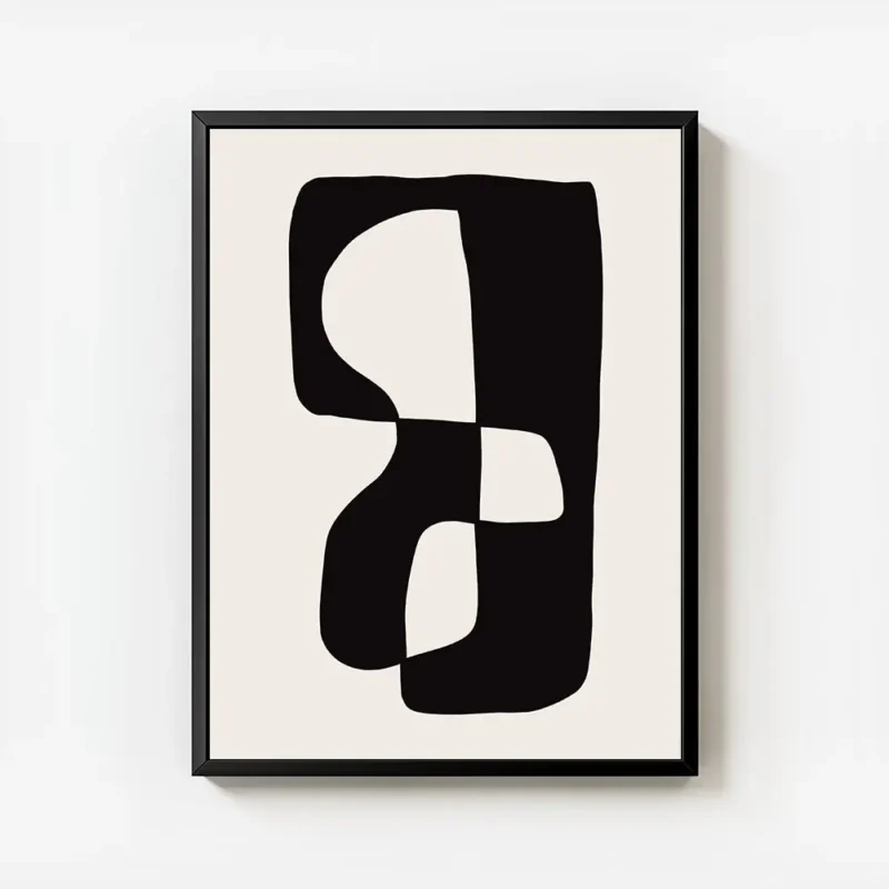 affiche avec une forme abstraite noire et blanche sur fond beige avec cadre.webp