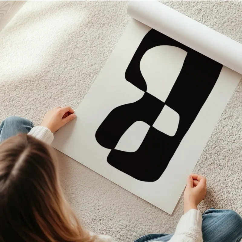 affiche avec une forme abstraite noire et blanche sur fond beige en rouleau.webp