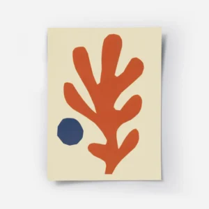 affiche avec une forme corallienne orange et un cercle bleu abstrait sur fond be.webp