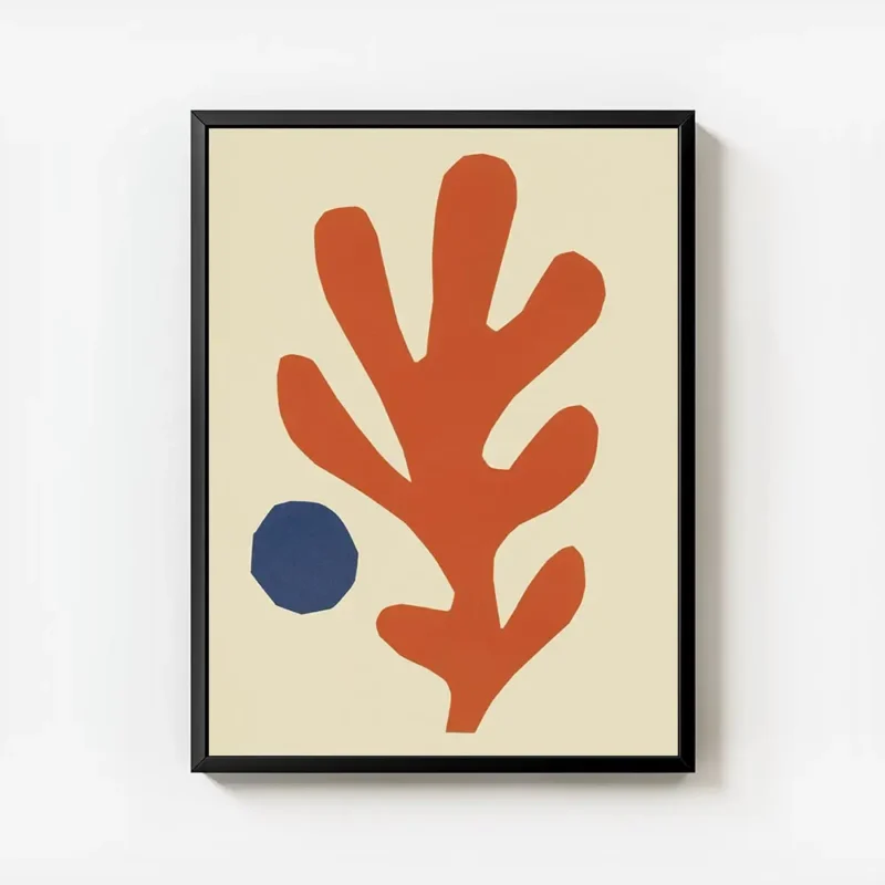 affiche avec une forme corallienne orange et un cercle bleu abstrait sur fond be avec cadre.webp