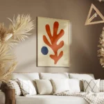 affiche avec une forme corallienne orange et un cercle bleu abstrait sur fond be salon.webp