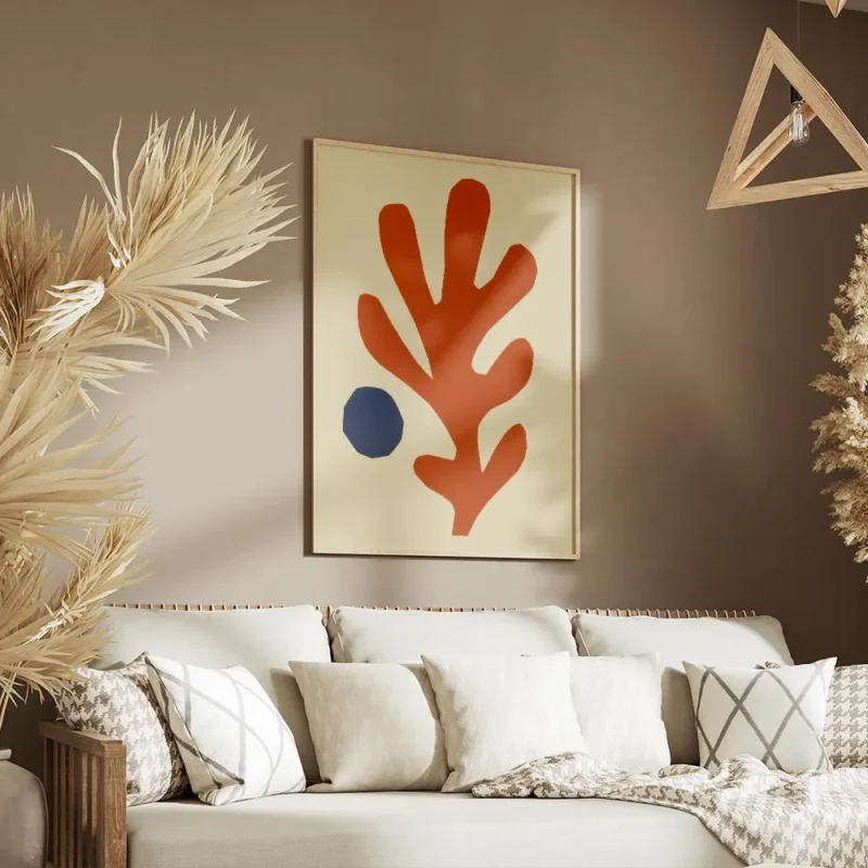 affiche avec une forme corallienne orange et un cercle bleu abstrait sur fond be salon.webp