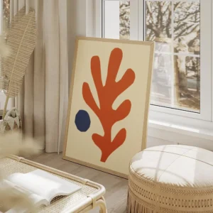 affiche avec une forme corallienne orange et un cercle bleu abstrait sur fond be salon beige.webp