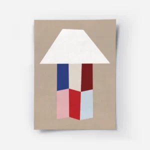 affiche avec une forme de lampe blanche abstraite son pied compose de formes geo.webp