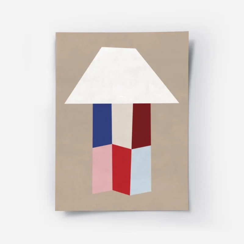 affiche avec une forme de lampe blanche abstraite son pied compose de formes geo.webp