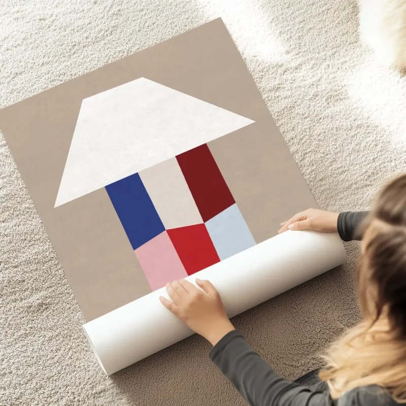 affiche avec une forme de lampe blanche abstraite son pied compose de formes geo au sol.webp