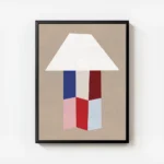 affiche avec une forme de lampe blanche abstraite son pied compose de formes geo avec cadre.webp