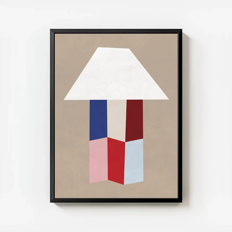 affiche avec une forme de lampe blanche abstraite son pied compose de formes geo avec cadre.webp