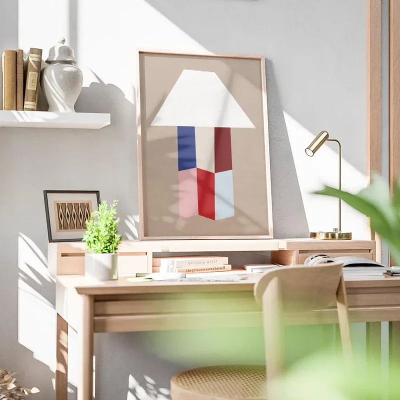 affiche avec une forme de lampe blanche abstraite son pied compose de formes geo bureau.webp