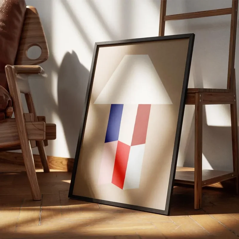 affiche avec une forme de lampe blanche abstraite son pied compose de formes geo encadre.webp