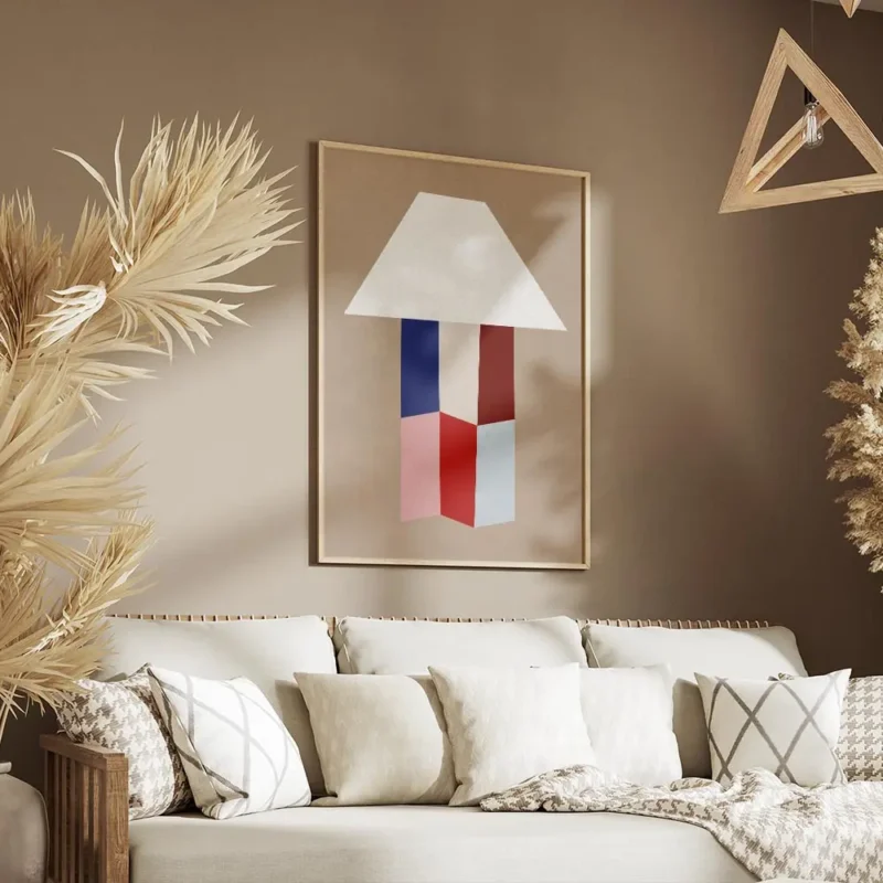 affiche avec une forme de lampe blanche abstraite son pied compose de formes geo salon.webp