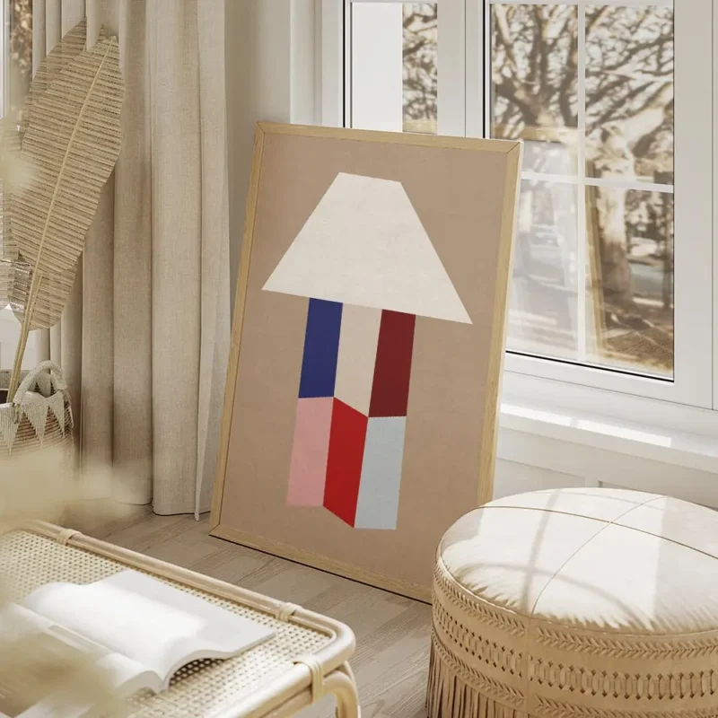 affiche avec une forme de lampe blanche abstraite son pied compose de formes geo salon beige.webp