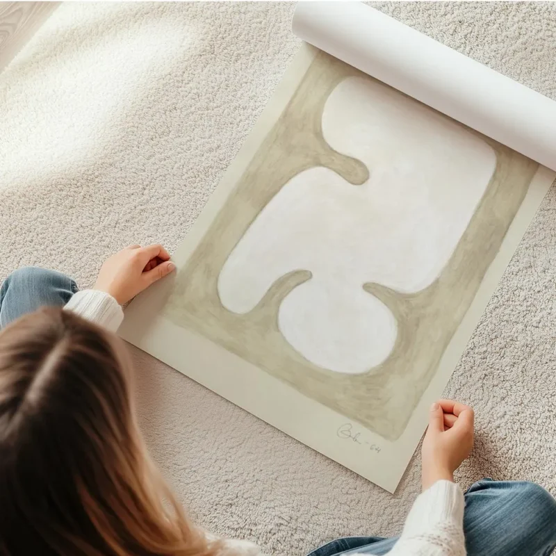 affiche avec une forme organique blanche aux courbes douces encadree par des ton en rouleau.webp