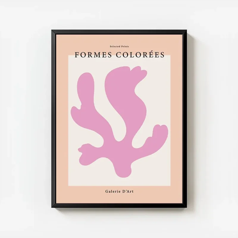 affiche avec une forme rose abstraite sur un fond blanc texte noir formes colore avec cadre.webp