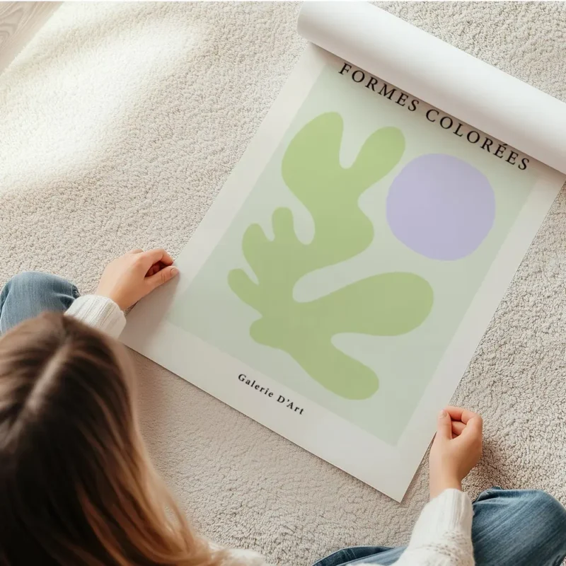affiche avec une forme verte et un cercle violet sur un carre vert clair texte a en rouleau.webp