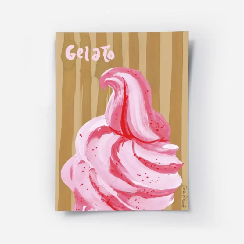 affiche avec une glace italienne rose et rouge sur un fond beige raye avec le mo.webp