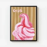 affiche avec une glace italienne rose et rouge sur un fond beige raye avec le mo avec cadre.webp