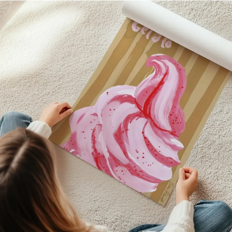 affiche avec une glace italienne rose et rouge sur un fond beige raye avec le mo en rouleau.webp