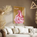 affiche avec une glace italienne rose et rouge sur un fond beige raye avec le mo salon.webp