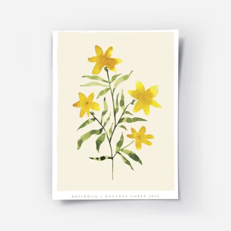 affiche avec une illustration aquarelle de fleurs jaunes et de feuilles vertes s.webp