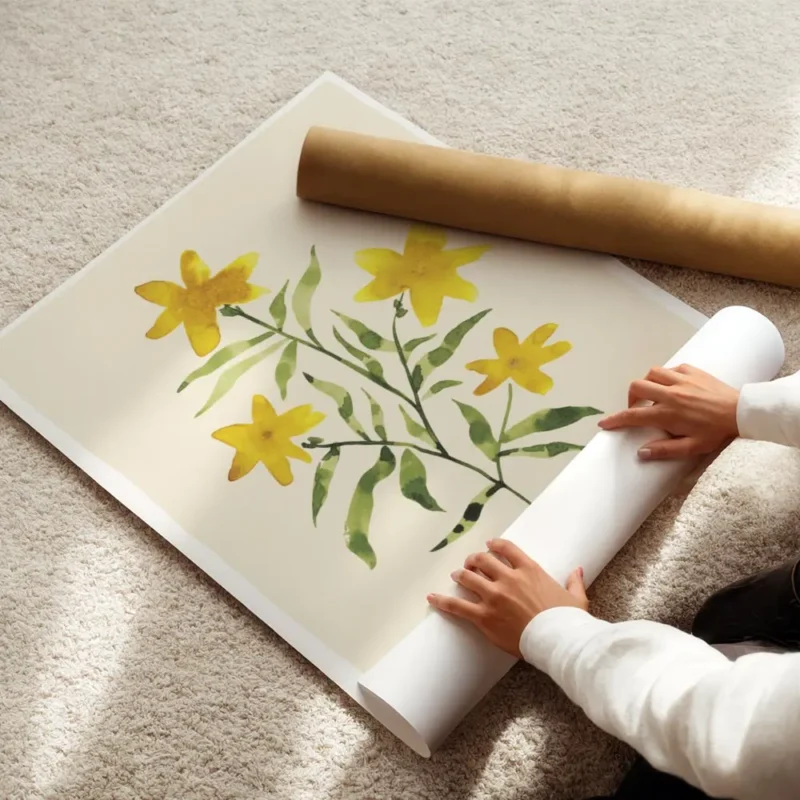 affiche avec une illustration aquarelle de fleurs jaunes et de feuilles vertes s enroule.webp