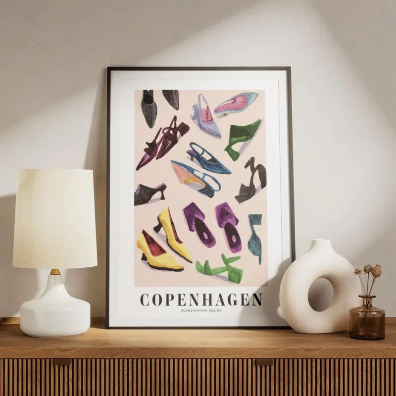 affiche avec une illustration de chaussures colorees eparpillees sur un fond ros meuble.webp