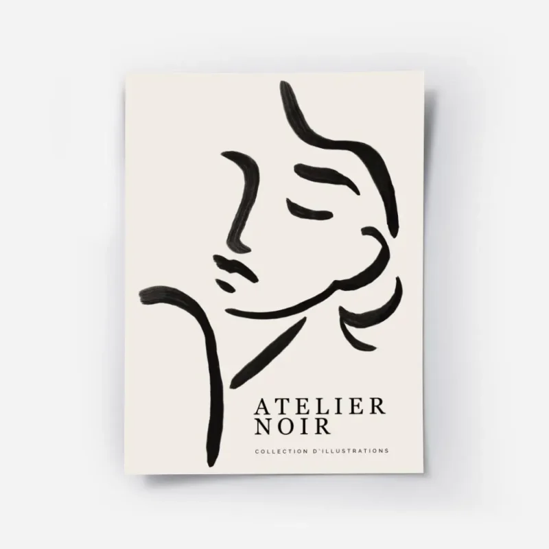 affiche avec une illustration de line art dun visage feminin abstrait en noir su.webp