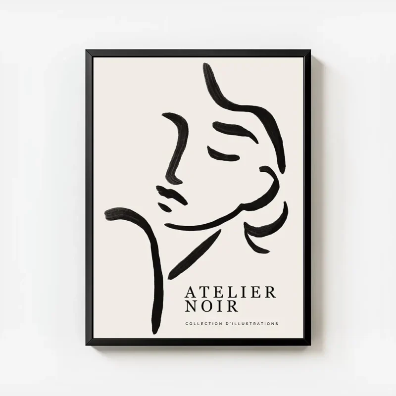 affiche avec une illustration de line art dun visage feminin abstrait en noir su avec cadre.webp