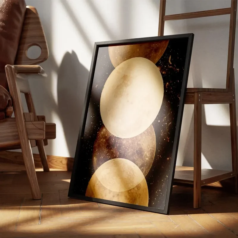 affiche avec une illustration de lunes dorees et detincelles sur un fond sombre encadre.webp