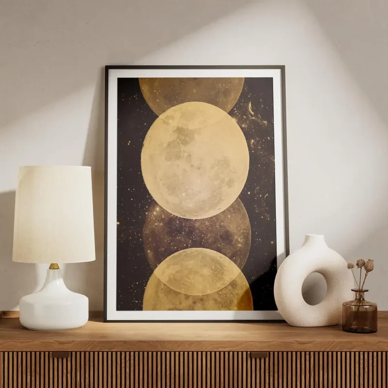 affiche avec une illustration de lunes dorees et detincelles sur un fond sombre meuble.webp