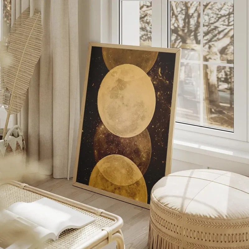 affiche avec une illustration de lunes dorees et detincelles sur un fond sombre salon beige.webp