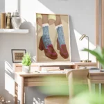 affiche avec une illustration de pieds chausses de mocassins marron a talons et bureau.webp